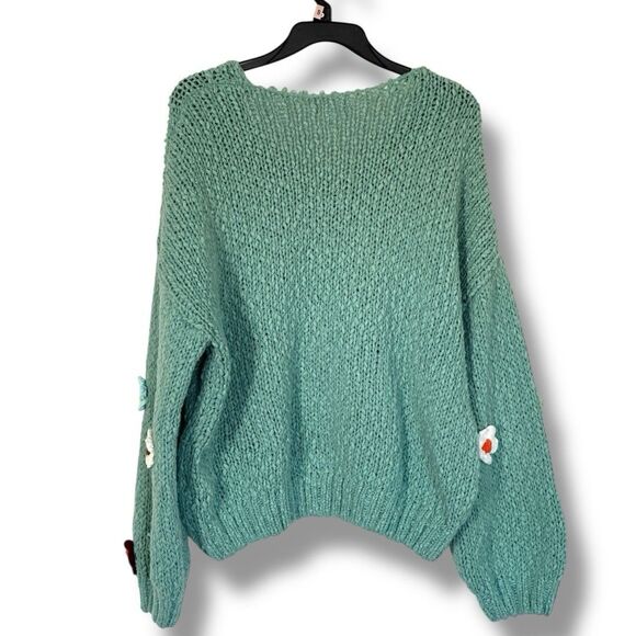 Talulah Women’s Oversized Knit 3D Floral Teal Sweater Size Small Boho Cottage - Picture 2 of 7